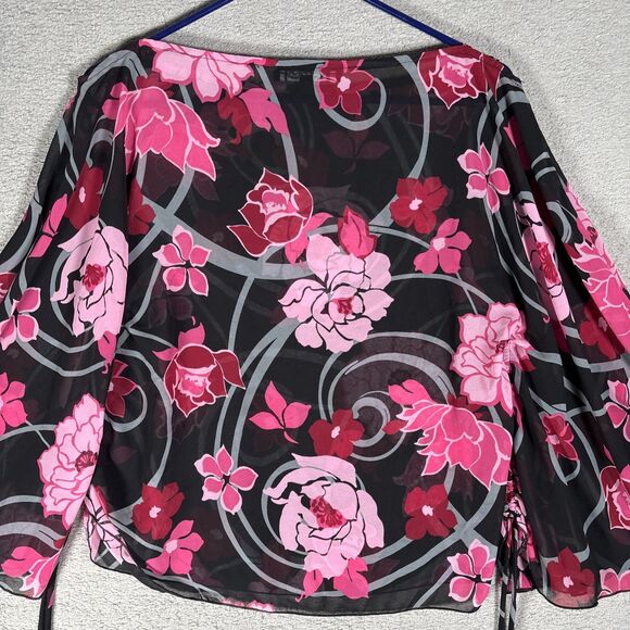 Rampage Blouse Women’s Size M Sheer Pink Red Rose AOP Tie Flutter Sleeve Kaftan - Picture 13 of 15